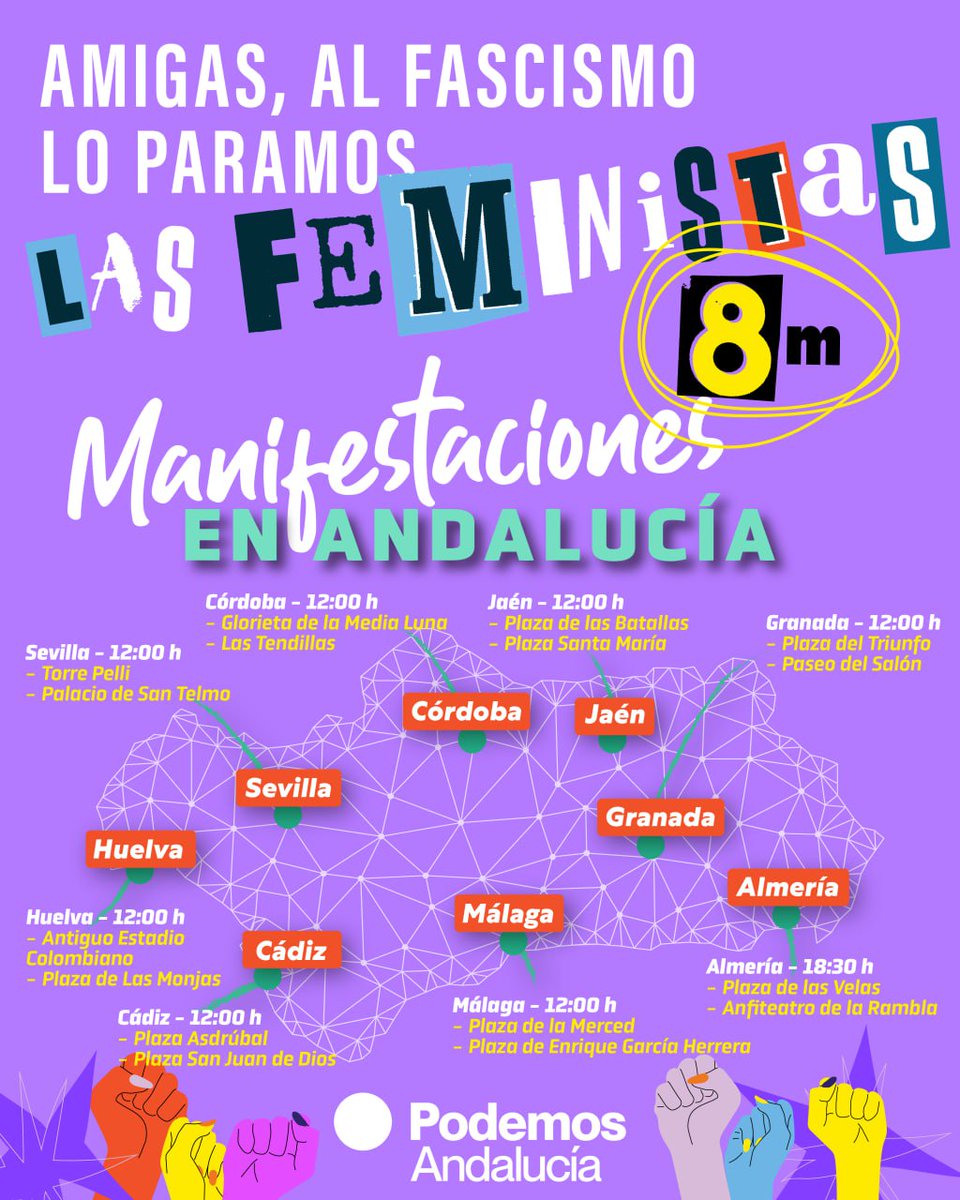 📢 #8M2026 #Andalucía #AmigasAlFascismoLoParamosLasFeministas
♀️🏳️‍⚧️🏳️‍🌈 Este 8M salimos a las calles para defender nuestros derechos, nuestra libertad y nuestra dignidad. 
✊🏽Porque no pasarán
✊🏽Porque juntas somos imparables
💜 En Andalucía, vamos juntas a la mani #8M #Feminismo