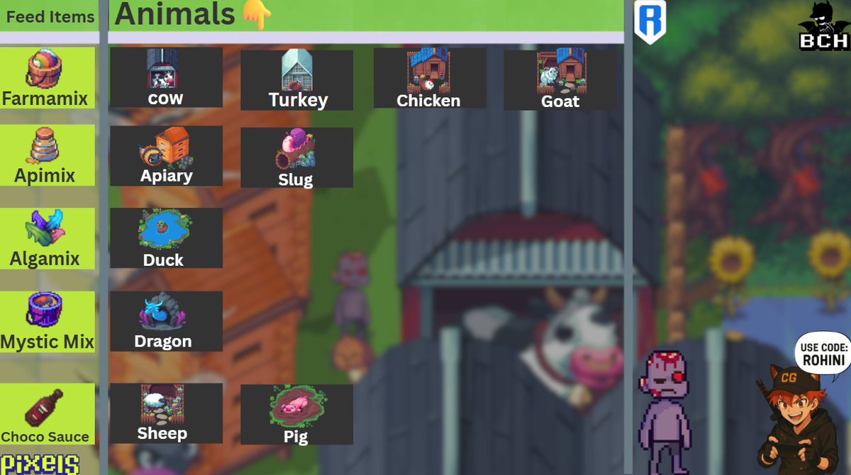 I’m back. Took some time away, but now I’m here again 👀

More Pixels update guides coming💫

New guide: Animal care 👇
What animals eat in <a href="/pixels_online/">Pixels</a> 🐝

Farmamix – Cow, Turkey, Chicken, Goat
Apimix – Apiary, Slug
Algamix – Duck
Mystic Mix – Dragon
Choco Sauce – Sheep, Pig