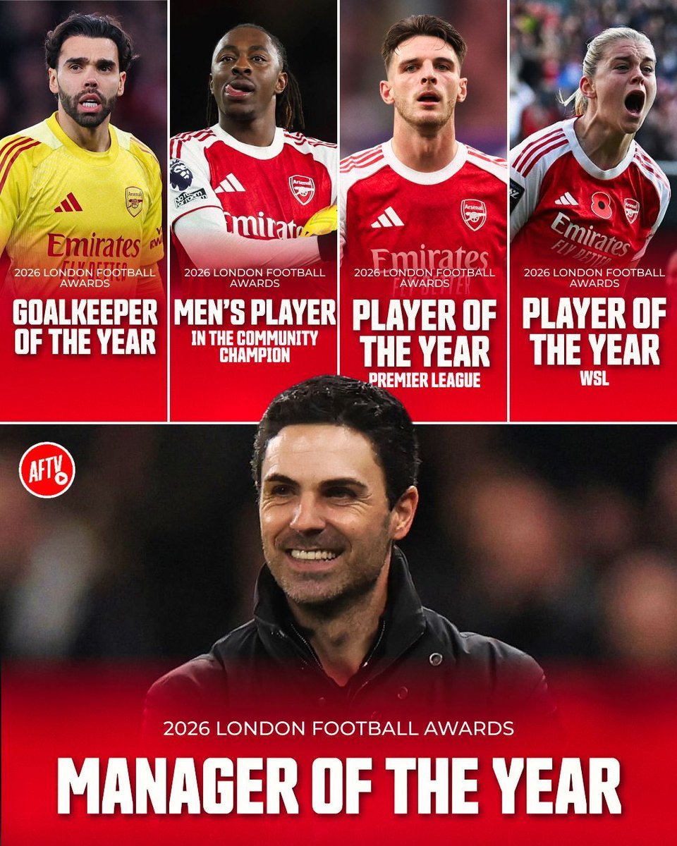Five winners at the London Football Awards  

🥇 Manager of the Year - 𝐌𝐢𝐤𝐞𝐥 𝐀𝐫𝐭𝐞𝐭𝐚 
🥇 Goalkeeper of the Year - 𝐃𝐚𝐯𝐢𝐝 𝐑𝐚𝐲𝐚 
🥇 Men’s Player in the Community Champion - 𝐄𝐛𝐞𝐫𝐞𝐜𝐡𝐢 𝐄𝐳𝐞 
🥇 Premier League Player of the Year - 𝐃𝐞𝐜𝐥𝐚𝐧 𝐑𝐢𝐜𝐞 
🥇