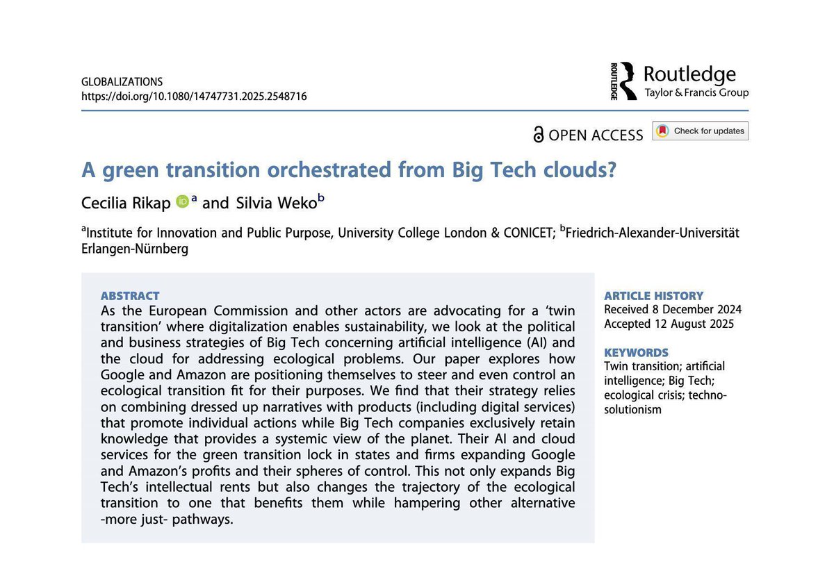 IIPP_UCL's tweet image. 💻 #BigTech consumes massive amounts of energy &amp;amp; water. 

@IIPP_UCL Prof @CeciliaRikap &amp;amp; @SilviaWeko explore how Google &amp;amp; Amazon are positioning themselves to control ecological transition paths for their purposes.

✍️ Read their paper here: buff.ly/IPwShlQ