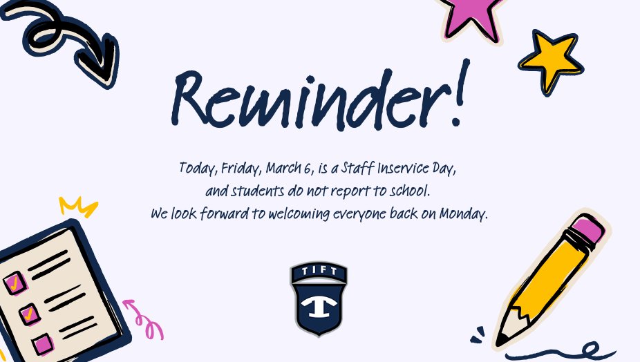 MWES_Tift's tweet photo. Just a reminder that today, Friday, March 6, is a Staff Inservice Day, and students do not report to school. We look forward to welcoming everyone back on Monday.

#4theT https://t.co/lbNJ6gqEOc