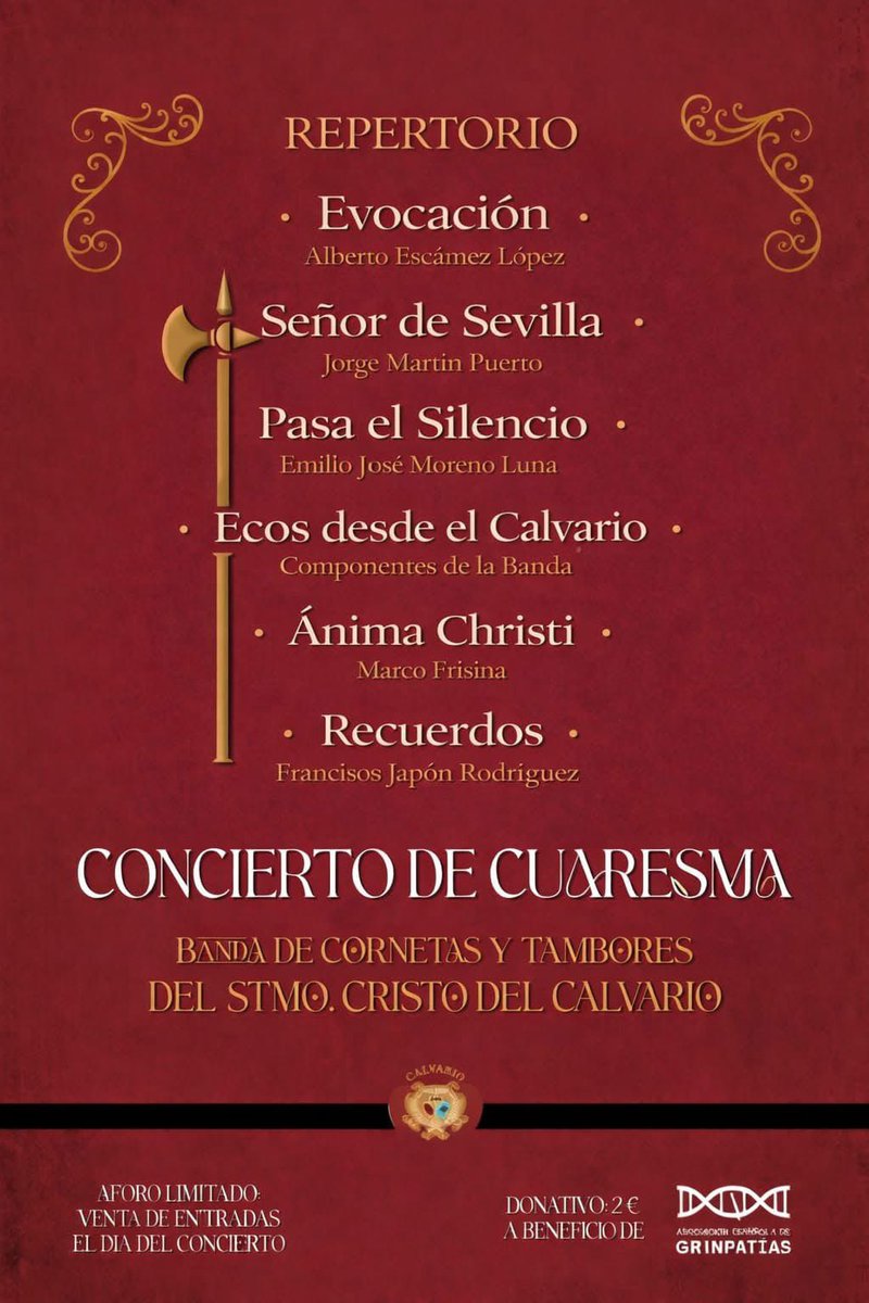 #BCTCalvario • ¡Hoy tocamos!

🎶 Concierto de Cuaresma 'Ecos desde el Calvario'   
🗓️ 6 de marzo de 2026
📍 Casa de la Cultura 'Juan Valera'
🕤 21:30 horas
📺 youtube.com/live/BkpdXbEd7…
🎟️ Entrada solidaria para GRINpatías