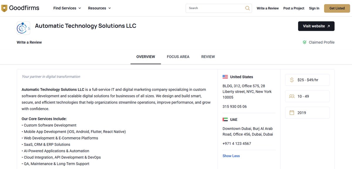 ATS_LLC1's tweet photo. Another milestone for Automatic Technology Solutions.

We’re now featured on GoodFirms — a globally recognized platform for trusted tech partners.

Focused on building scalable technology that drives real business impact.

#GoodFirms #TechLeadership https://t.co/TlSfbLzEsO
