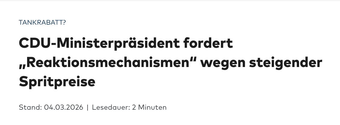 Mietpreise steigen.
CDU: Kann man leider nichts machen, ist der Markt.

Lebensmittelpreise steigen.
CDU: Kann man leider nichts machen, ist der Markt.

ÖPNV-Preise steigen.
CDU: Kann man leider nichts machen, Geld ist halt knapp.

Spritpreise steigen.
CDU: OMG, Krisenstab