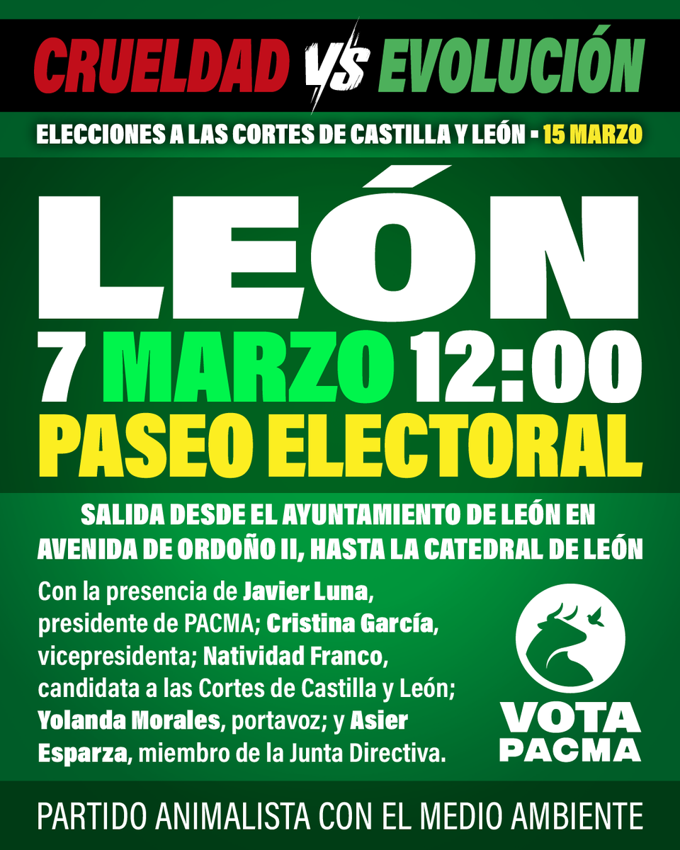 📍¡Nos vemos mañana en León!

🕛A las 12:00 estaremos dando un paseo electoral, desde la Avenida de Ordoño II hasta la Catedral de León.

💚Contaremos con nuestro presidente, <a href="/LunaJavierS/">Javier Luna</a>, nuestra vicepresidenta, <a href="/crisgarsalazar/">Cristina García</a>, la candidata a las Cortes de Castilla y León,