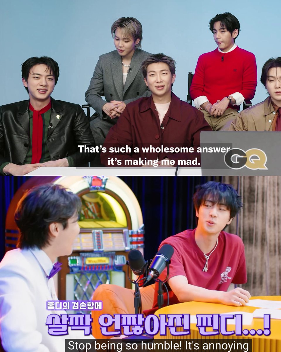 🐨 that’s such a wholesome answer it’s making me mad.

I’m with RM on this one 😅😆

the funny thing is, Jin also said the same with Hobi 😭

🐹 Stop being so humble! It’s annoying.