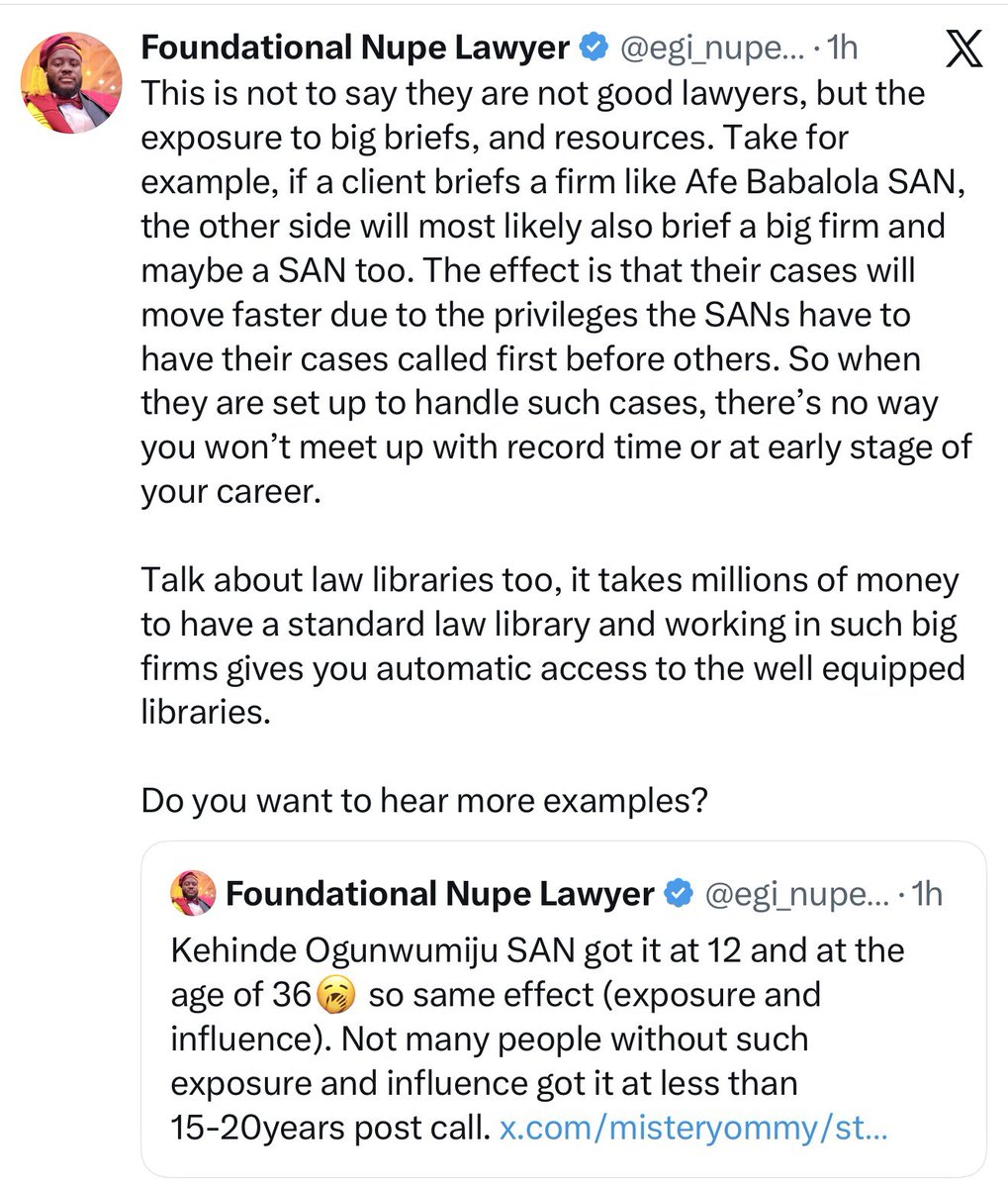 egi_nupe's tweet photo. No bro, here’s the context of my position at the risk of being misunderstood. 

1. Brilliant lawyers
2. Early exposure to bigger briefs and opportunities 
3. Influence of big firms and principals

Nothing suggests they are not brilliant or good lawyers. https://t.co/pxYxFJTGF7