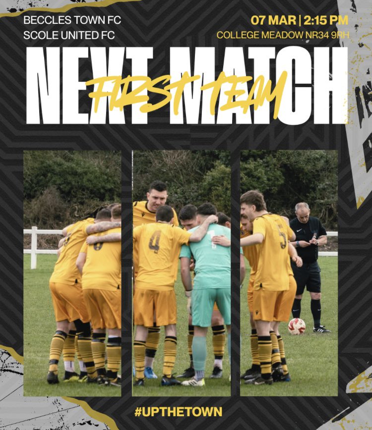 Next Match || 

Town host <a href="/ScoleUnited/">Scole United FC</a> tomorrow afternoon looking to make it back to back wins. 

We look forward to seeing you there. 

#BTFC #UpTheTown ⚫️⛵️⚪️