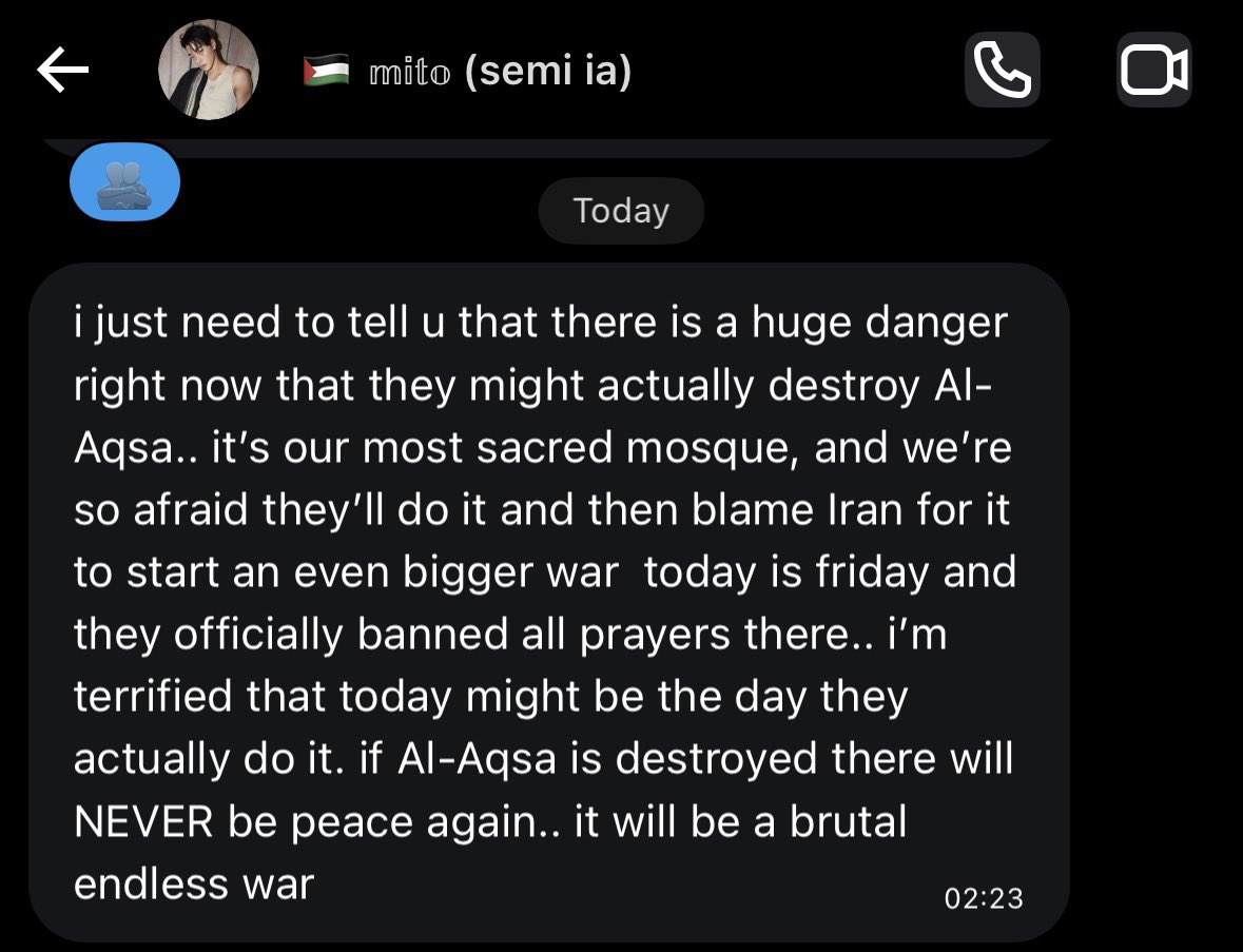 please dont stop speaking up about the innocent citizens of West Asia who's lives are at risk of being bombed by Israel and USA.. this is what my lovely mutual, Mito, has shared with me this morning. this is horrifying. their most sacred mosque is in danger, too💔 itll get worse.