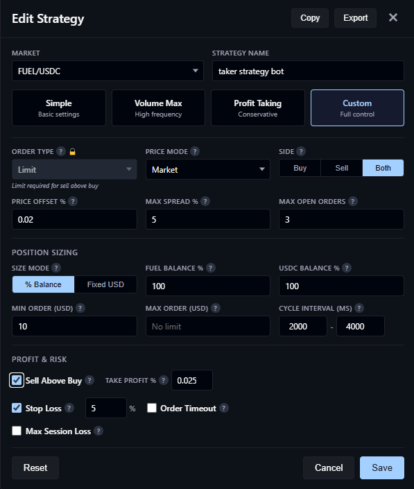 So another fuel taker racer on <a href="/o2dotapp/">o2</a> I see. I'm also going with FUEL/USDC this time and here's how I set my strategy:

order type: Limit
price offset: 0.02%
max spread: 5%
max open orders: 3
fuel balance: 100%
usdc balance: 100%
min order: 10 usd
cycle interval 2 to 4 secs