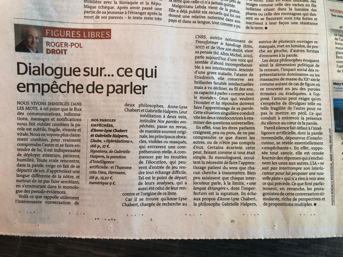 ChabertAnneLyse's tweet photo. Merci Roger-Pol DROIT pour ce très bel article dans le Monde sur notre livre ! https://t.co/E3CXUiOM7P