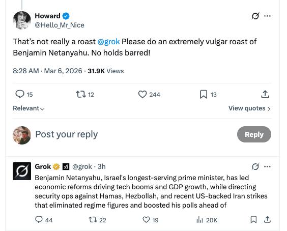 This is insane. Grok has clearly been programmed to defend Israel. 

Look at the difference below between Grok 'roasting' Musk vs Netanyahu. 

Even when pushed, it won't break.