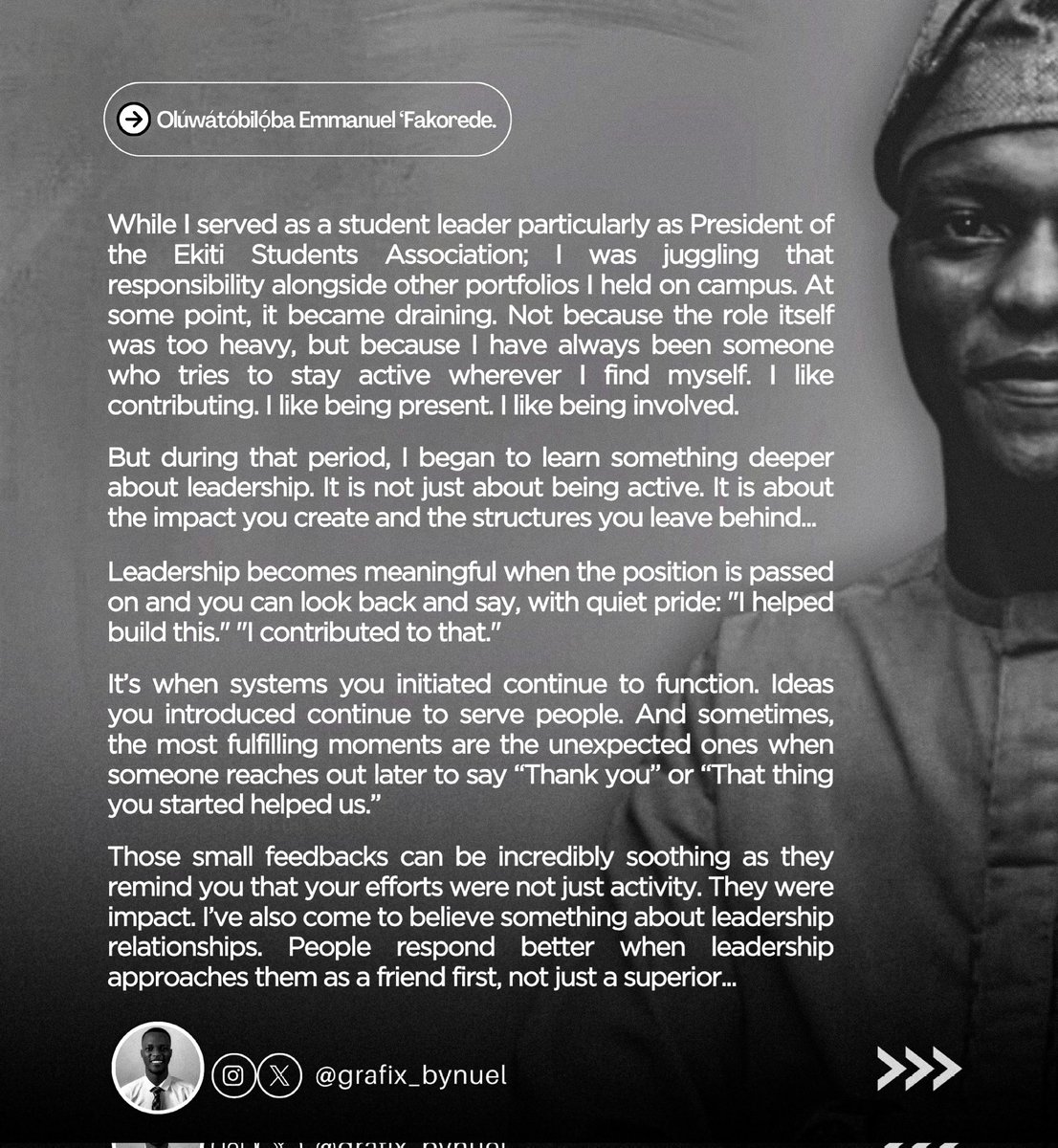 thenuelfakorede's tweet image. When I first entered student leadership, I believed authority came from the title, the position, the hierarchy and the recognition. But over time, I learned something deeper...

THE GROWTH JOURNAL!

#TheGrowthJournal #DigitalStrategist #authority #studentleader #grafix_bynuel