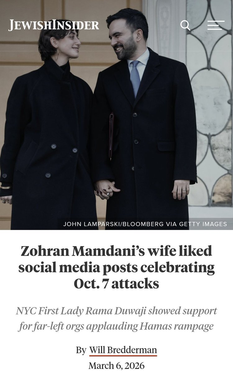 Over a million Jews in New York City turn to Gracie Mansion and see someone who liked the largest Pogrom against Jews since the Holocaust. 

Zohran Mamdani's wife saw the images of Jewish babies being burned alive in their homes, grandmothers being kidnapped, and women dragged on