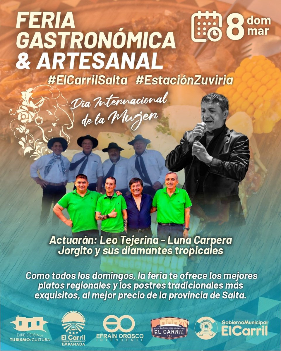 La Municipalidad de #ElCarril invita a vecinos y visitantes a participar de una nueva edición de la *Feria Gastronómica y Artesanal,* que se realizará el próximo *domingo 8 de marzo en Estación Zuviría, en el marco de la conmemoración del Día Internacional de la Mujer.*