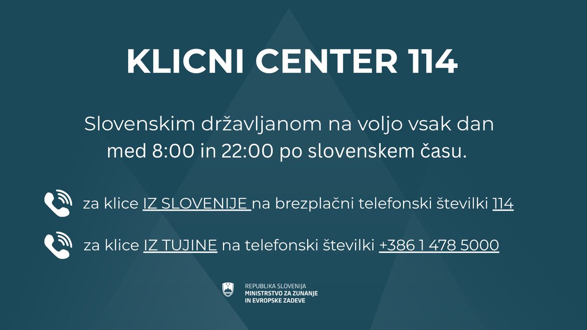 ☎️ KLICNI CENTER - 114  

‼️Na voljo kot dodatna podpora 🇸🇮 državljanom, ki so obtičali na #BližnjiVzhod.  

Državljani doma in v tujini kot tudi njihovi družinski člani, svojci in prijatelji v Sloveniji lahko na tej telefonski številki pridobijo ključne informacije ℹ️. 

Vsak