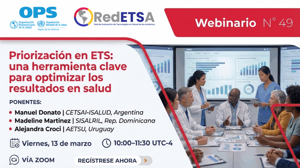 La Agencia de Evaluación de Tecnologías Sanitarias de Uruguay (AETSU) participa en el Webinar de RedETSA / OPS sobre Priorización en ETS, junto con <a href="/Farm_DonatoM/">Manuel Donato</a> de CETSAI-ISALUD (Argentina) y Madeline Martinez, SISALRIL (Rep. Dominicana).

+ info: aetsu.org.uy/aetsu-particip…