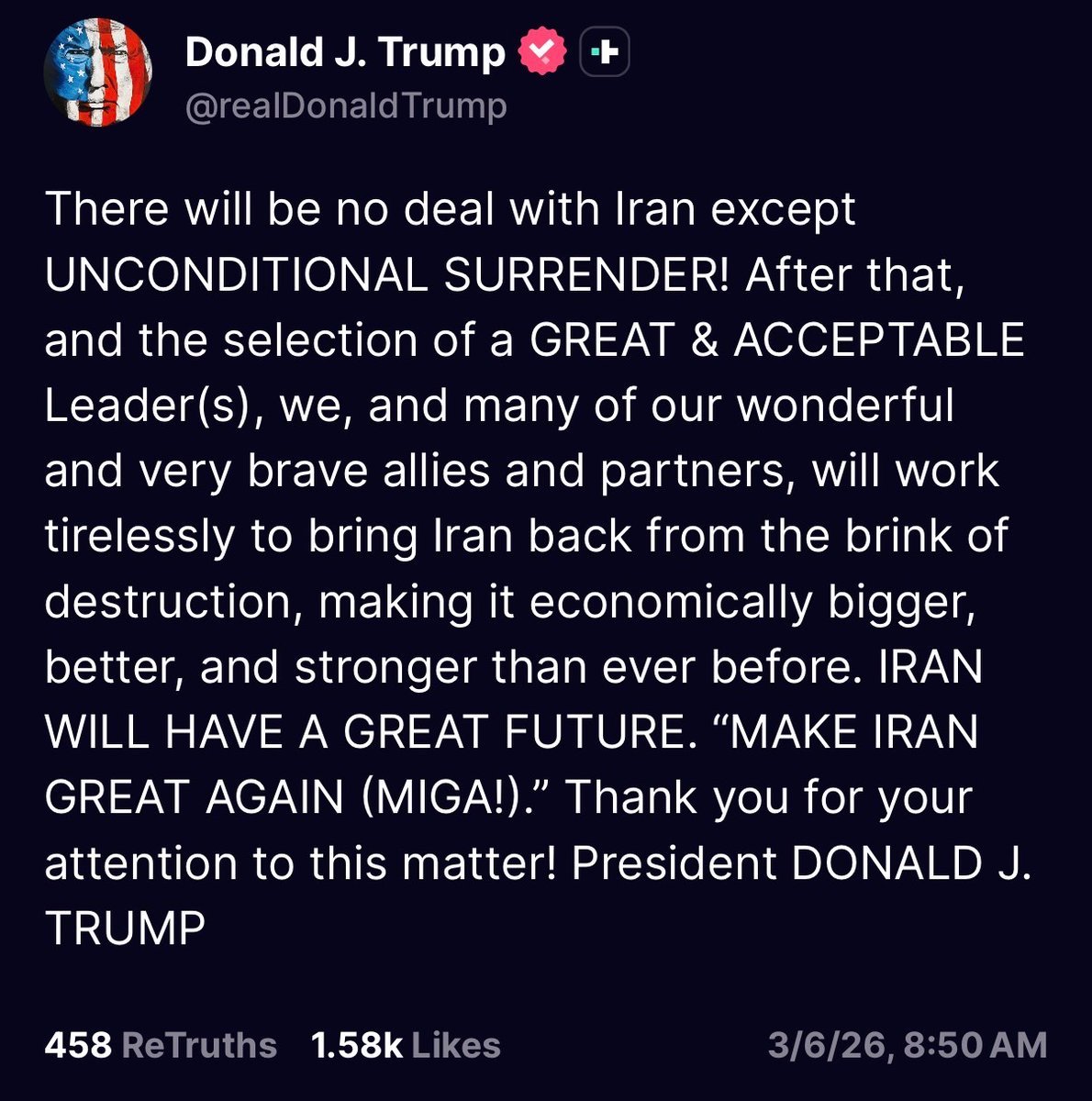 JUST IN: 🇮🇷🇺🇸 Donald Trump says there will be no deal with Iran unless they surrender.

Ideally, for Bitcoin to rally we need a deal or, at the very least, negotiations towards one. 

Regardless, war has always been bullish for markets.