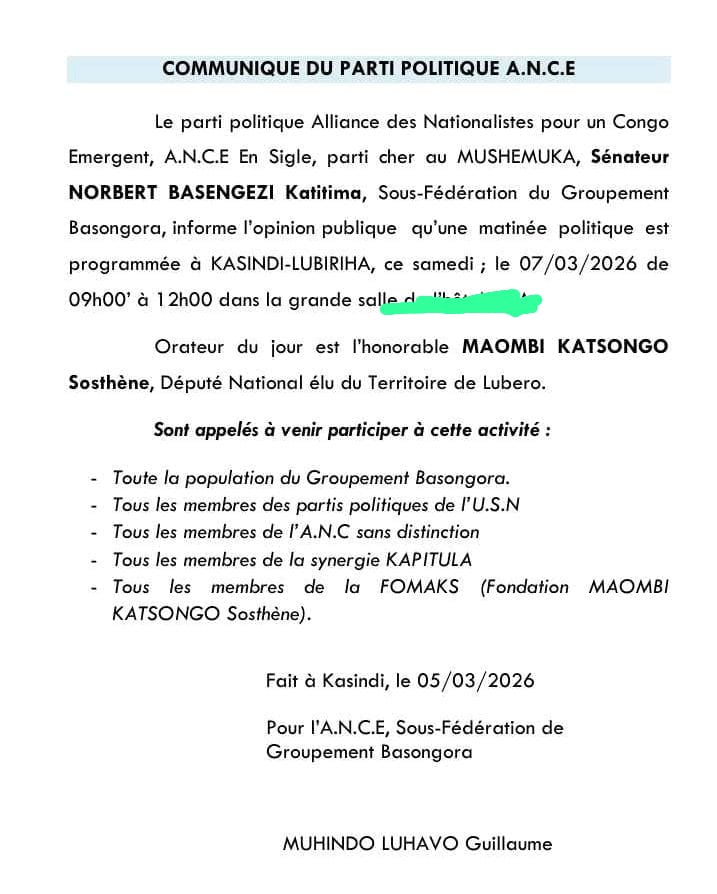 Ghislainmbakula's tweet image. #Mâtiné_politique_RDC_beni: le #député national, #élu de Lubero, honorable #MAOMBI KATSONGO est annoncé à Kasindi ce samedi 7 Mars dans une matinée politique sur les engins politiques de la région.