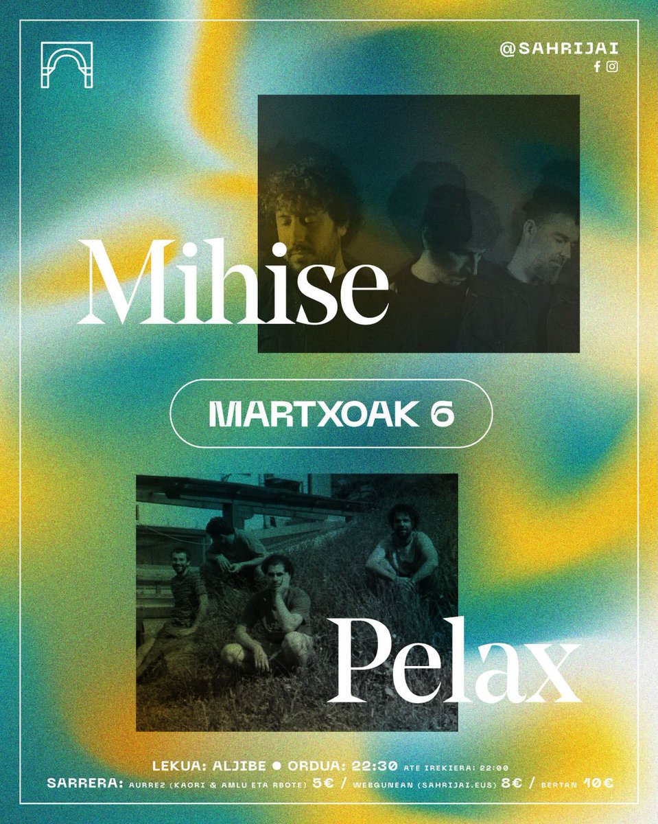 VillabonaUdala's tweet photo. Gaur gaueko 22:30etatik aurrera, musika zuzenean Villabonako Aljibean!
Gaurkoan MIHISE (Usurbil-Rock) eta PELAX (Donostia-Blues-Rock-Progresiboa) taldeak izango dira oholtza gainean.
Animatu eta zatozte kontzertuekin eta giroarekin gozatzera!
#Kultura #Musika #Aljibea #Villabona https://t.co/HjbvqOB9y1