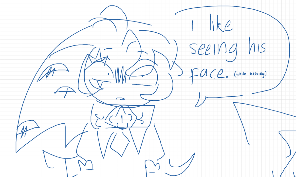 last old doodle for now: i have this Shamil HC where he keeps his eyes open while he's kissing (either his main eyes or his other eyes) because he gets very uncomfortable not seeing at all. this does affect his kissing moment and it's stupid. 

ignore messy handwriting. mouse...