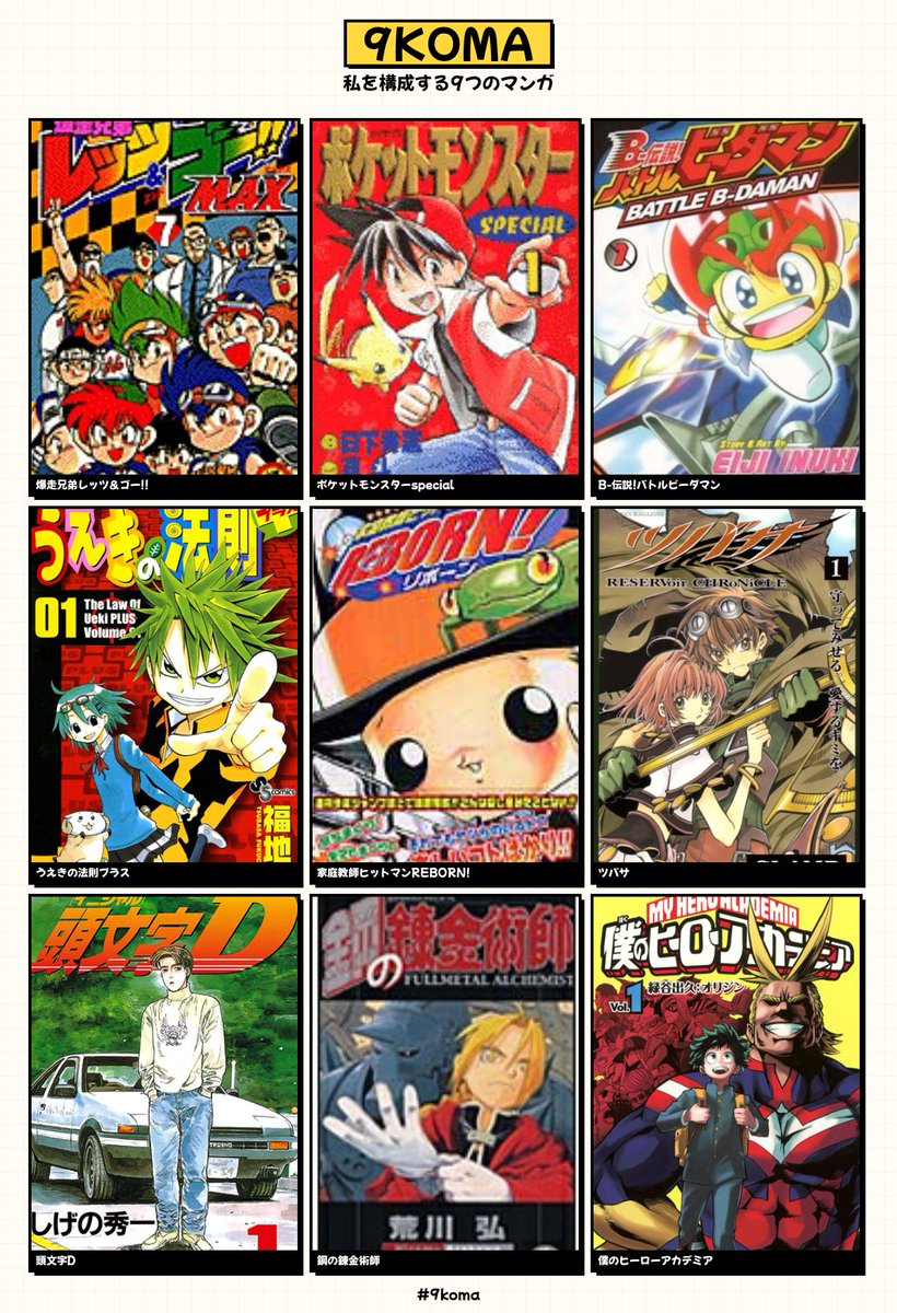 おう、アタマん中
「おもちゃ」「厨二」真っ盛り😇

①爆走兄弟レッツ＆ゴー!!
②ポケットモンスターSPECIAL
③B-伝説バトルビーダマン
④うえきの法則
⑤家庭教師ヒットマンREBORN!
⑥ツバサ
⑦頭文字Ｄ
⑧鋼の錬金術師
⑨僕のヒーローアカデミア
#私を構成する9つのマンガ  9koma.locale2.net/share?m=C30135…