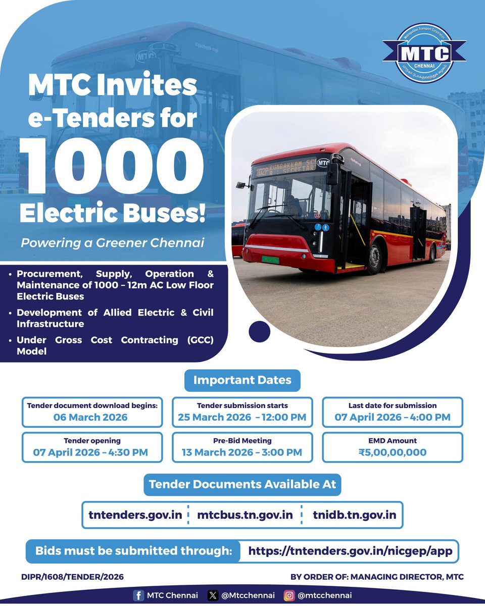 UpdatesChennai's tweet photo. Crazy...🤯😍
Chennai MTC has floated tenders for procurement of 1,000 AC Low Floor Electric Buses under the same Gross Cost Contract Model... #Chennai #EBus https://t.co/Y0W6kPOWw7