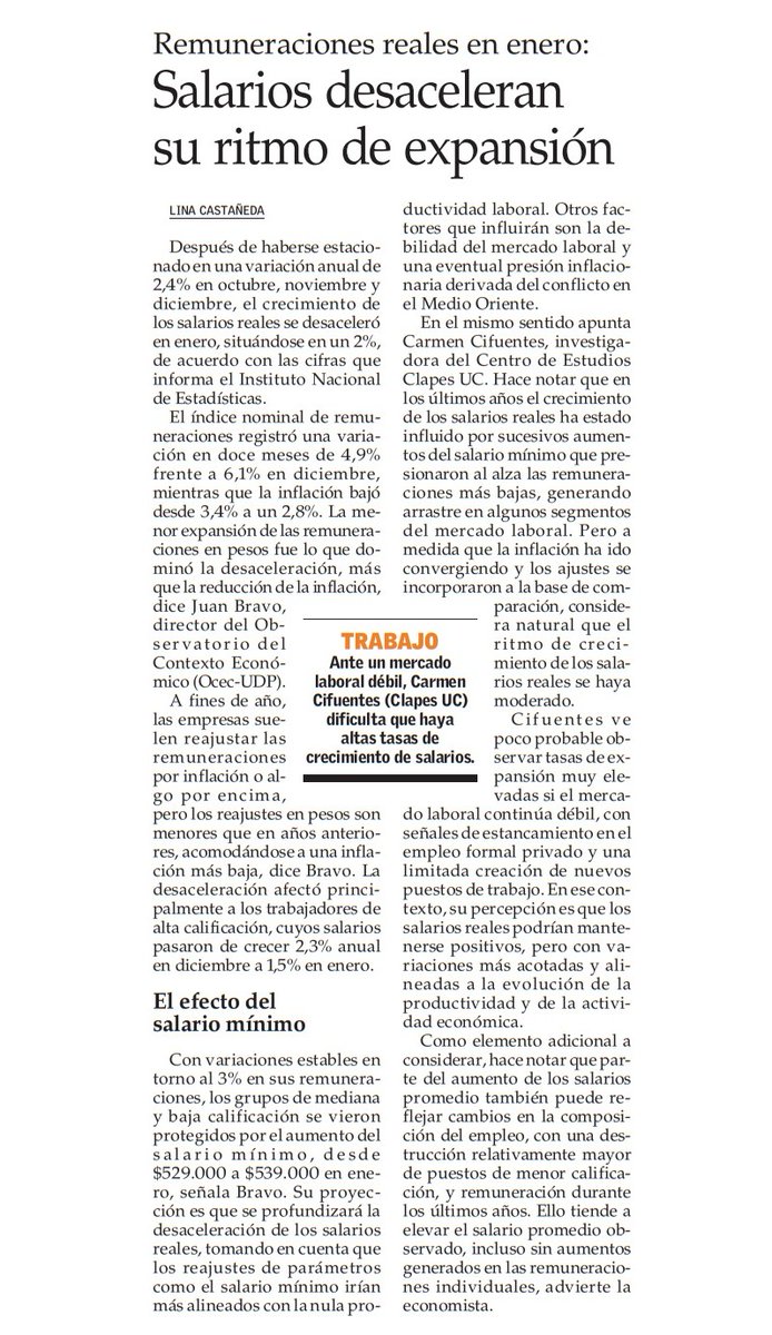 ClapesUC's tweet image. [NOTA @__elmercurio] Nuestra investigadora Carmen Cifuentes indicó que el crecimiento de los #salarios reales se ha moderado debido a la debilidad del #MercadoLaboral y a la convergencia de la #inflación. Previó que, sin un fortalecimiento del #empleo, las tasas de expansión