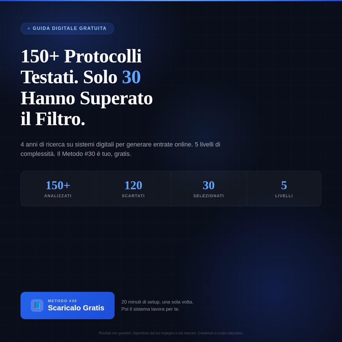 150+ protocolli digitali testati in 4 anni.
120 scartati. Solo 30 hanno superato il filtro.
Il metodo #30 richiede 20 minuti di setup, una sola volta e poi funziona da solo nel tempo.

Ricevilo gratis su WhatsApp: 3391979107

#LavoroDigitale #RemoteWork