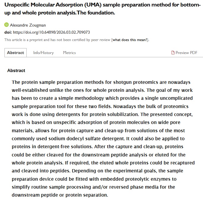AZougman's tweet photo. My recent endeavour has been to create a single sample preparation tool suitable both for bottom-up proteomics and whole protein analysis. This method is called UMA and its preprint is released. Comments are welcome.
https://t.co/IgKGBQAKf1
#proteomics #sampleprep #teammassspec https://t.co/yq73hBwwrM