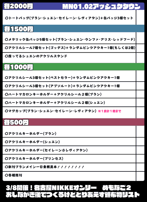 3/8 名古屋NIKKEオンリー同人誌即売会 #めもなご こちらすみませんおしながき作る気力が今ないので頒布物リストを作らせていただきました。 ご確認いただけますと幸いです 気力できた明日におしながきを作りたいと思っております グッズはブランとシュエンを中心にニケいっぱいです