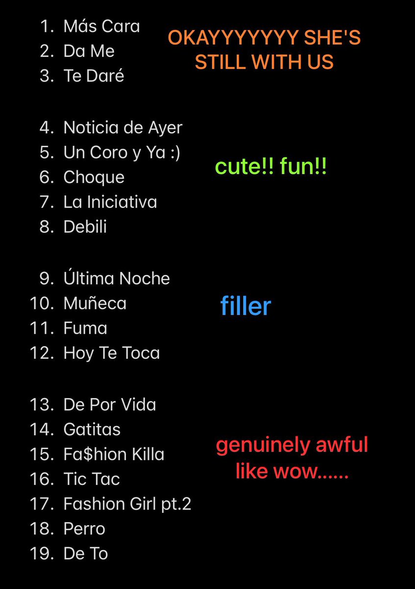 love her to death but this was hard to finish...... she's a legend but she lost her essence a while ago, and she's now on a quest to dominate mainstream reggaeton, which i may say she's kinda mastered the formula for it!! a few songs on here could be huge hits, but even +

4.5/10