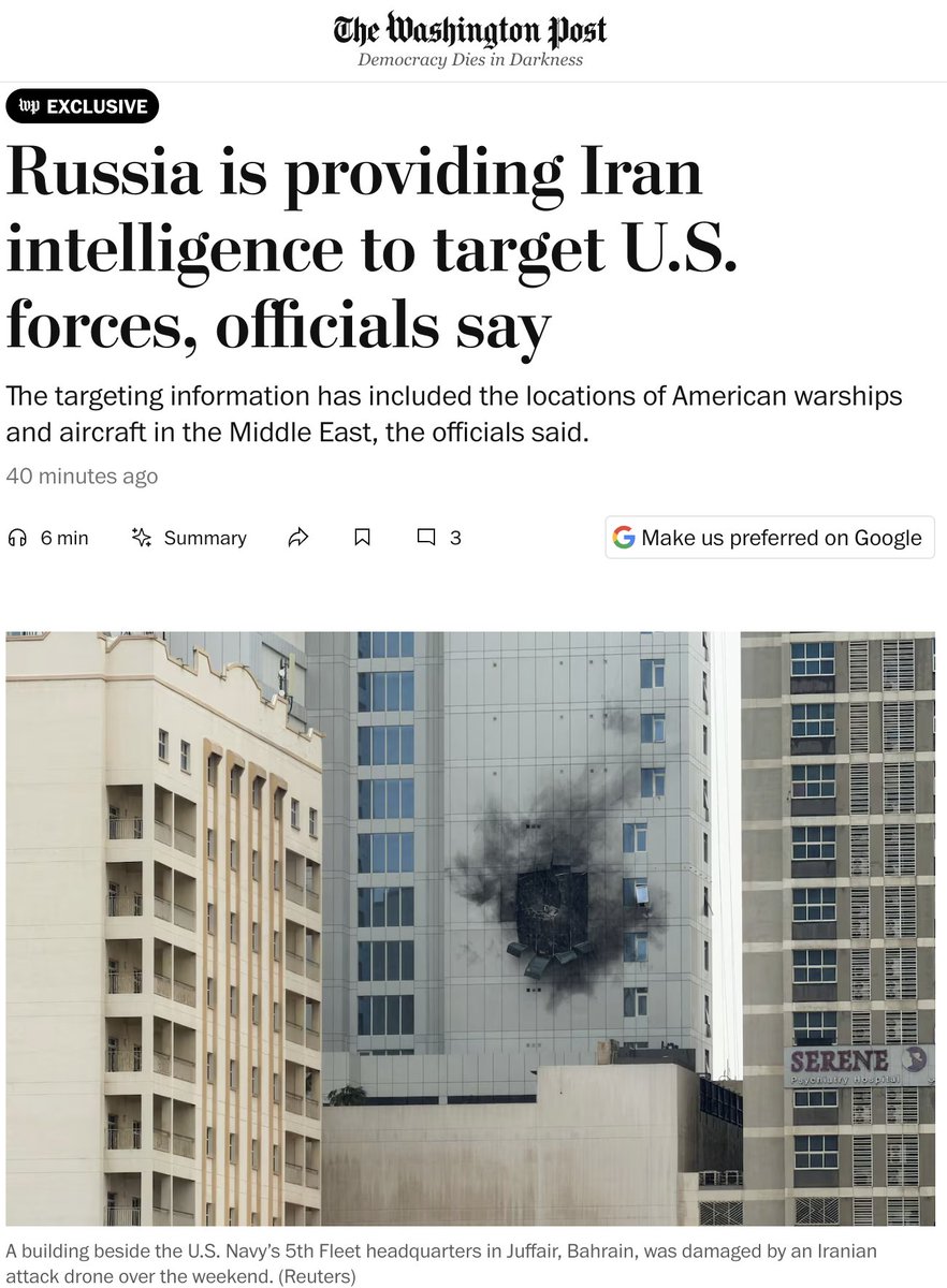 nexta_tv's tweet photo. Moscow is helping Iran target U.S. forces — The Washington Post

According to the newspaper, Russia is sharing intelligence with Tehran on the locations of American military ships and aircraft in the Middle East.

Sources say the transfer of information began on the day the war between the U.S., Israel and Iran started and is helping Iran more accurately target U.S. bases and forces in the region.

This could be the first confirmation of Russia’s indirect involvement in the current conflict.