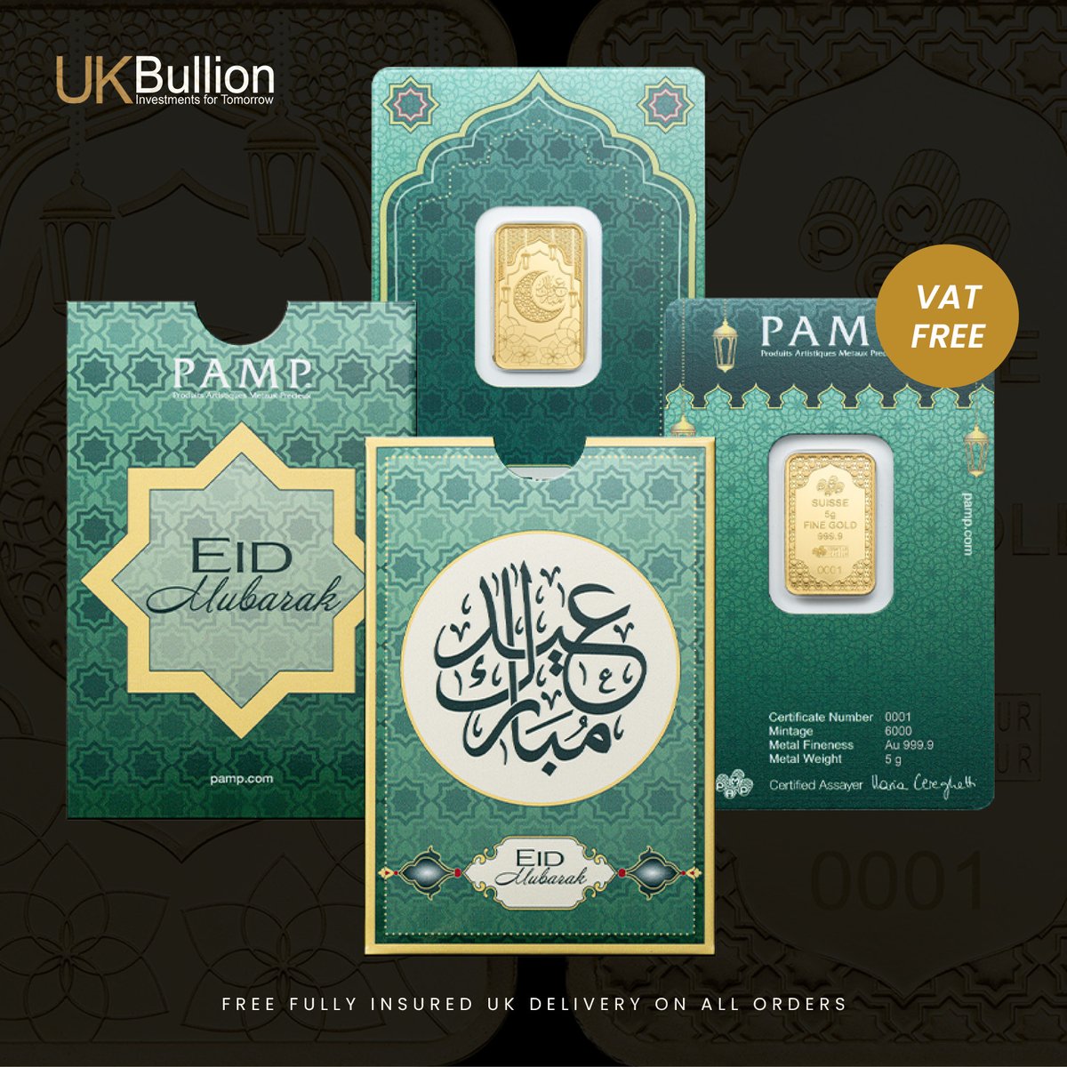 UKBullion's tweet photo. The PAMP Suisse 5g Eid Mubarak Gold Bullion Bar is struck in 999.9 fine gold and presented in a CertiPAMP™ card with gift sleeve, making it ready to give for Eid celebrations.

https://t.co/n6zd7YgnpU https://t.co/rUxgUONGMQ