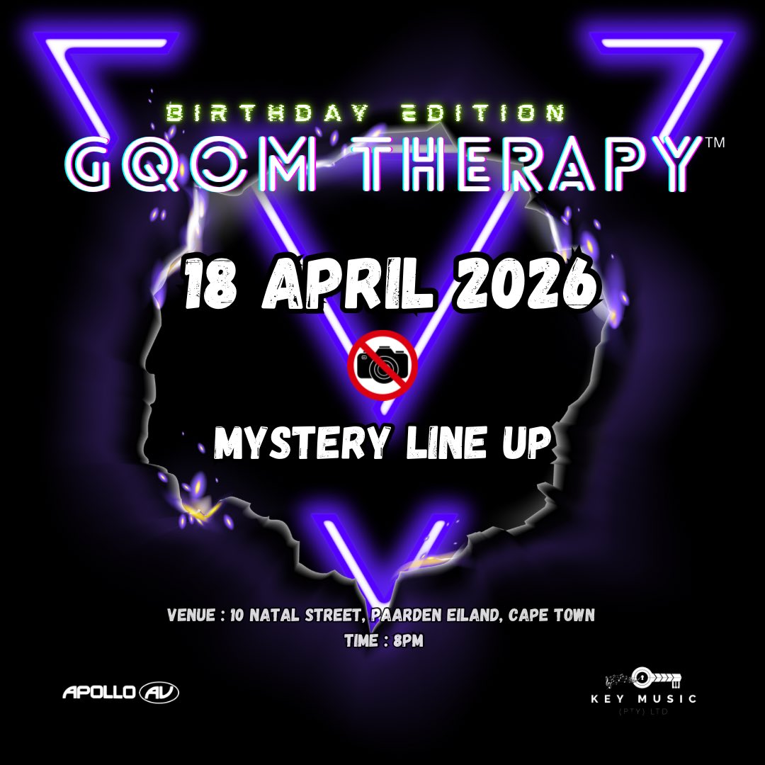 Tomorrow is here.👊🏽😁

The second stop for the GQOM THERAPY birthday edition is in Cape Town, 18 April 2026. 💥

🎟️: Keymusic.howler.co.za