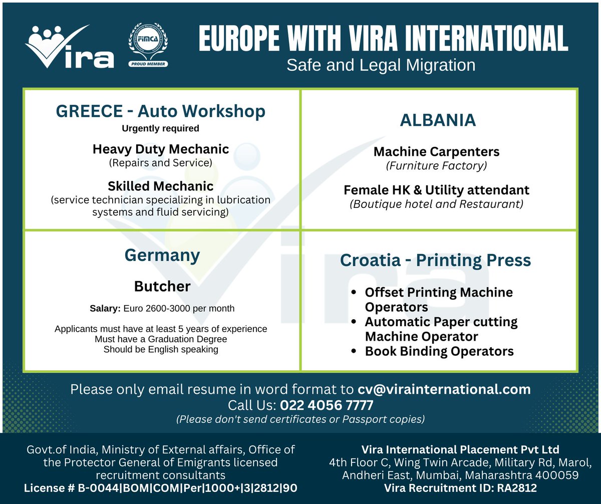 Vira_India's tweet image. Ready to take your career to the next level? Whether you're a skilled mechanic, a master butcher, or a printing pro, Europe is calling!

How to Apply
cv@virainternational.com
Call Us: 022 4056 7777

#Vira #JobOpportunities #WorkInEurope #EuropeJobs  #HiringNow #OverseasCareers