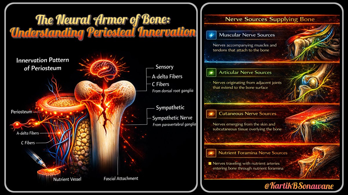 KartikBSonawane's tweet photo. 🎯 The Neural Armor of Bone: Understanding Periosteal Innervation

#RegionalAnesthesia #PainMedicine
#Anatomy #Periosteum #BonePain
#NerveAnatomy #PainScience
#UltrasoundGuidedBlocks
#TipOfTheDay #MyRATips

Tip of the Day:

📌 Bone pain -  Most intense nociceptive experiences.

📌 The Periosteum - Neural command center of skeletal pain, where dense sensory networks convert mechanical injury into powerful nociceptive signals.

🔴 🦴 A. BONE INNERVATION HIERARCHY

📌 Periosteum → Highest nerve density
📌 Bone marrow → Moderate innervation
📌 Cortical bone → Minimal neural presence

📌 Histological studies show dense sensory & sympathetic neural plexuses within the periosteum, explaining the severe pain produced by:
✔ Fractures
✔ Periosteal stripping
✔ Orthopedic drilling

🔵 🧠 B. NEURAL ARCHITECTURE (Periosteal Innervation)

1. Sensory Afferent System

📌 Major nociceptive fibers:
✔ A-delta fibers - Thinly myelinated, Fast conduction, Sharp, localized fracture pain.
✔ C fibers - Unmyelinated, Slow conduction, Deep aching bone pain

📌 Arise from Dorsal Root Ganglia and reach the periosteum along vascular and fascial pathways.

 2. Sympathetic Innervation

📌 Periosteum also contains postganglionic sympathetic fibers from paravertebral ganglia.

📌 These fibers travel with periosteal vessels and regulate:
✔ Bone blood flow
✔ Bone remodeling
✔ Pain modulation

📌 Identified Neurochemical Markers:
✔ Vasoactive intestinal peptide (VIP)
✔ Neuropeptide Y
✔ Tyrosine hydroxylase-positive fibers

🟢 🌐 C. FOUR GATEWAYS

1. Muscular Attachments (Myoperiosteal Route)

📌 Nerves supplying muscles attached to bone send small periosteal branches at their insertions.

📌 Muscle contraction/spasm - amplifies bone pain via shared neural pathways.

2. Articular Nerves (Osteo-Articular Route)

📌 Nerves supplying adjacent joints extend branches to the periosteum.
📌 This explains bone pain associated with joint pathology.

3. Cutaneous Nerves (Dermato-Periosteal Route)

📌 Some periosteal branches originate from cutaneous nerves supplying the overlying skin.
✔ SCNs → clavicle
✔ IVNs → rib
✔ LFCN → iliac crest

📌 This explains bone tenderness on superficial palpation.

4. Nutrient Foramen (Endosteal Route)

📌 Nerves accompanying nutrient arteries enter bone via nutrient foramina Supplying,
✔ Bone marrow
✔ Endosteum
✔ Inner cortical bone
📌 However, periosteum remains the dominant pain generator.

🟣 ⚡D. CADAVERIC STUDIES LIMITATIONS

📌 Periosteal branches are extremely fine & delicate, often forming microscopic plexiform networks.

📌 Therefore, their absence in cadaveric dissection does not imply true anatomical absence.

📌 Factors making periosteal neural pathways difficult to demonstrate include,
✔ Post-mortem tissue changes
✔ Collapse of microvascular-neural bundles
✔ Difficulty identifying unmyelinated fibers

➡ Modern immunohistochemical & neurotracing techniques often reveal neural networks that are not visible in traditional dissection.

🟣 ⚡E. WHY SEVERE PERIOSTEAL PAIN?

✔ Extremely high nociceptor density
✔ Mechanical sensitivity of A-delta fibers
✔ Release of inflammatory mediators after injury
✔ Sensory–sympathetic interactions
Together these create one of the most powerful nociceptive environments in the body.

🟠 🚀 TAKE HOME

📌 Periosteum acts as the neural interface of the skeleton & is the primary source of fracture pain.

📌 Bone marrow manipulation alone produces far less pain than periosteal injury.

📌 Dense networks of A-delta and C-fiber nociceptors dominate bone pain signaling.

📌 Periosteal nerves has 4 anatomical gateways:
✔ Muscular attachments
✔ Articular nerves
✔ Cutaneous nerves
✔ Nutrient foramina

📌 Understanding these pathways helps predict which neural networks must be targeted for effective skeletal analgesia.