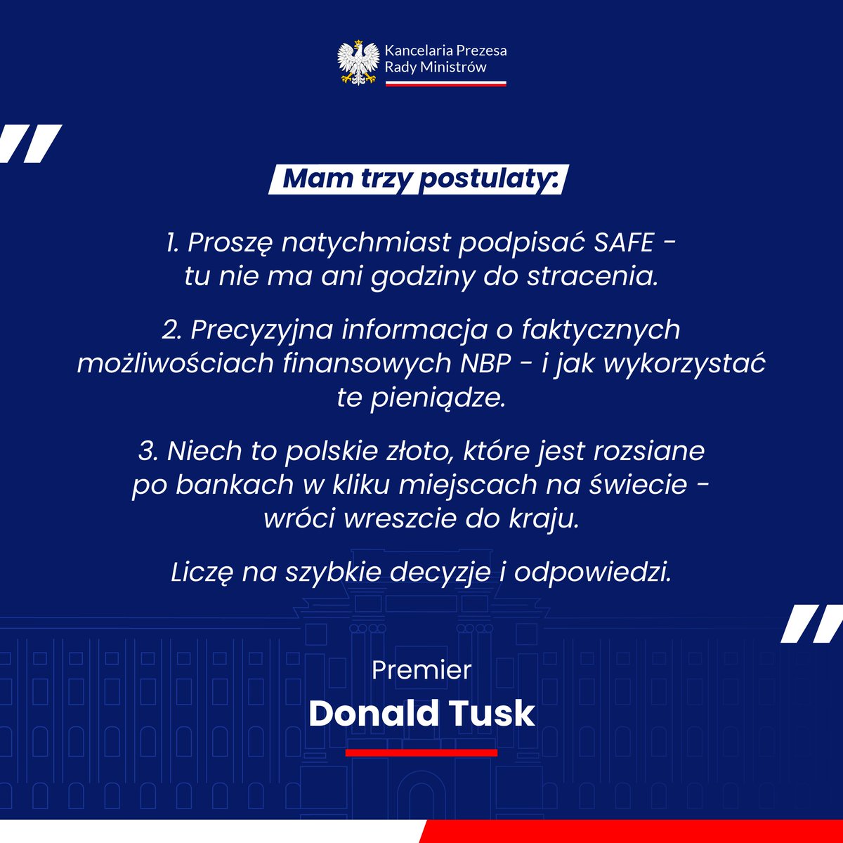 W grę wchodzą miliardy złotych, które realnie wzmocnią polskie zdolności obronne i bezpieczeństwo państwa.  Prezydent powinien stanąć na wysokości zadania i nie dopuścić, by jego polityczne gierki i kalkulacje pozbawiły nas tak ważnego wsparcia. #PolskaSAFE