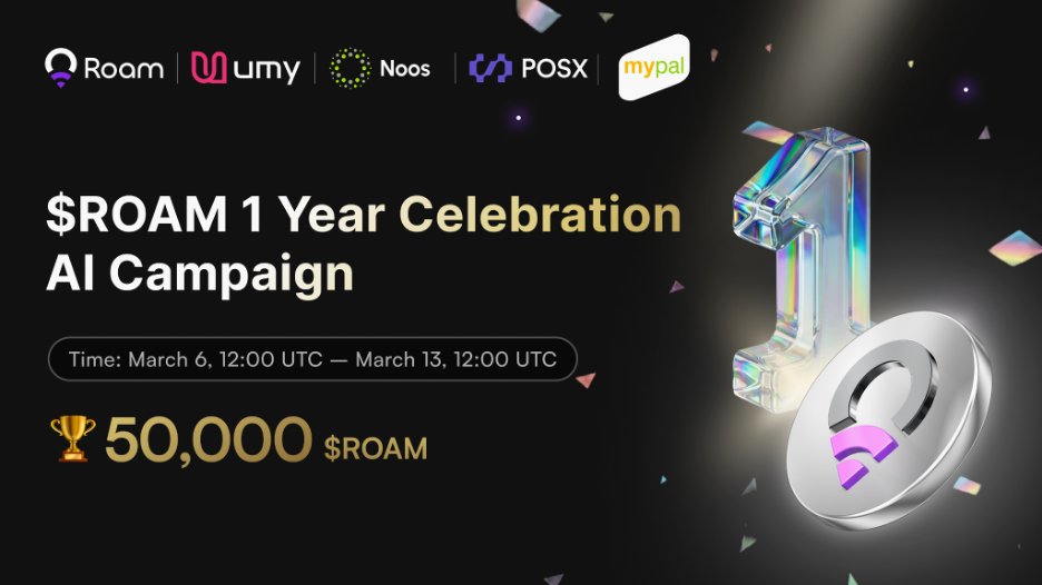$ROAM 1 Year Celebration AI Campaign 🎉
$ROAM is one year old, and we’re throwing a full-blown celebration with a 50,000 $ROAM giveaway alongside our amazing partners <a href="/umycomofficial/">Umy.com (Download Umy App｜Get $150 bonus</a>, <a href="/NoosProtocol/">Noos</a>, <a href="/POSX_Official/">POSX</a>, and <a href="/Mypal_Global/">Mypal</a>.
Time: March 6, 12:00 UTC – March 13, 12:00 UTC