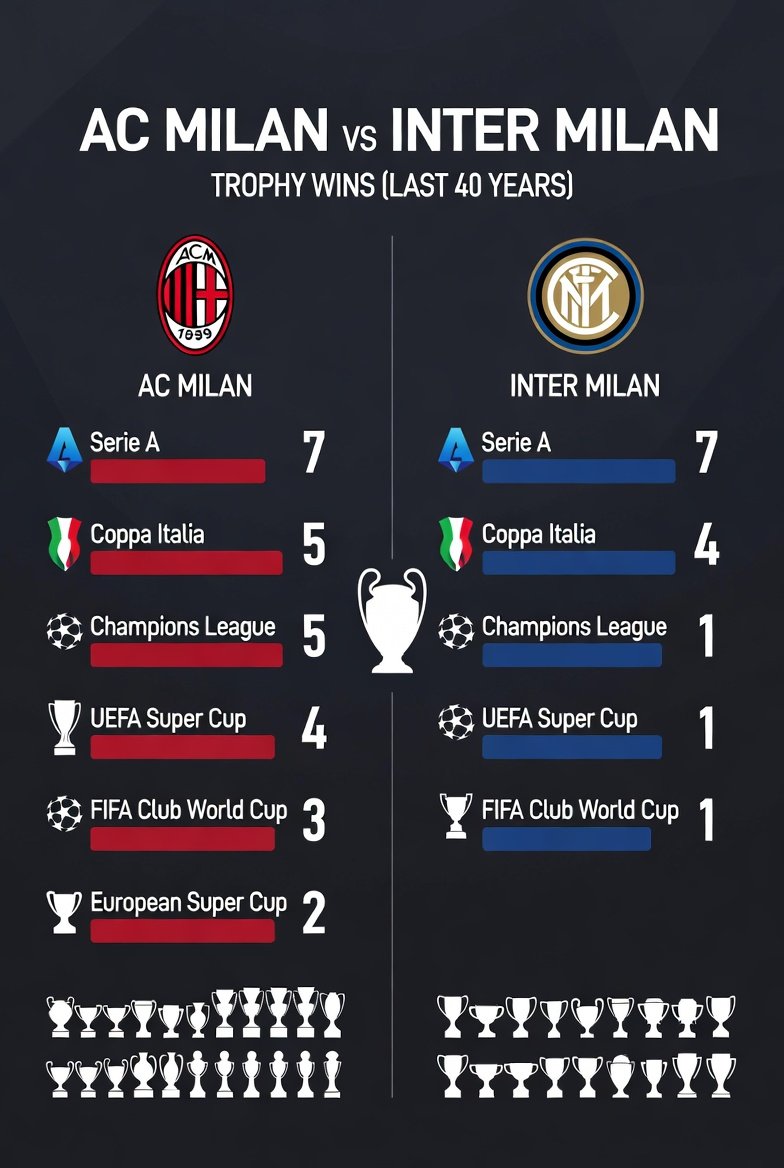 #Milan 🆚️ #Inter 
Trofei vinti negli ultimi 40 anni