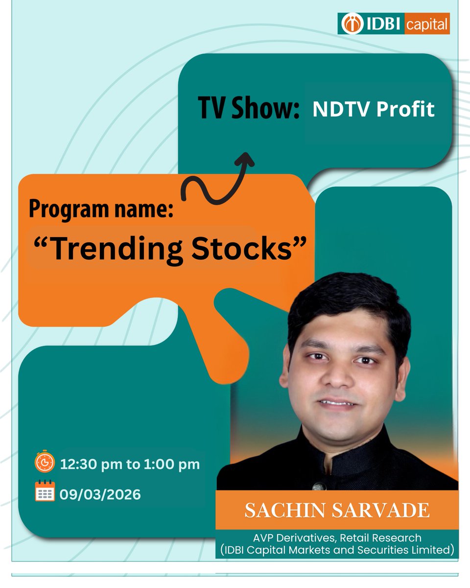 Watch NDTV Profit TV Program “Trending Stocks” featuring IDBI Capital Markets &amp; Securities Ltd. Analyst <a href="/Sachiinsarvadee/">Sachiin Sarvadee</a> 

🗓️ 9th March 2026 | 12:30-1:00 PM | NDTV Profit - Trending Stocks

Disclaimer link (lnkd.in/gyNy2fss)