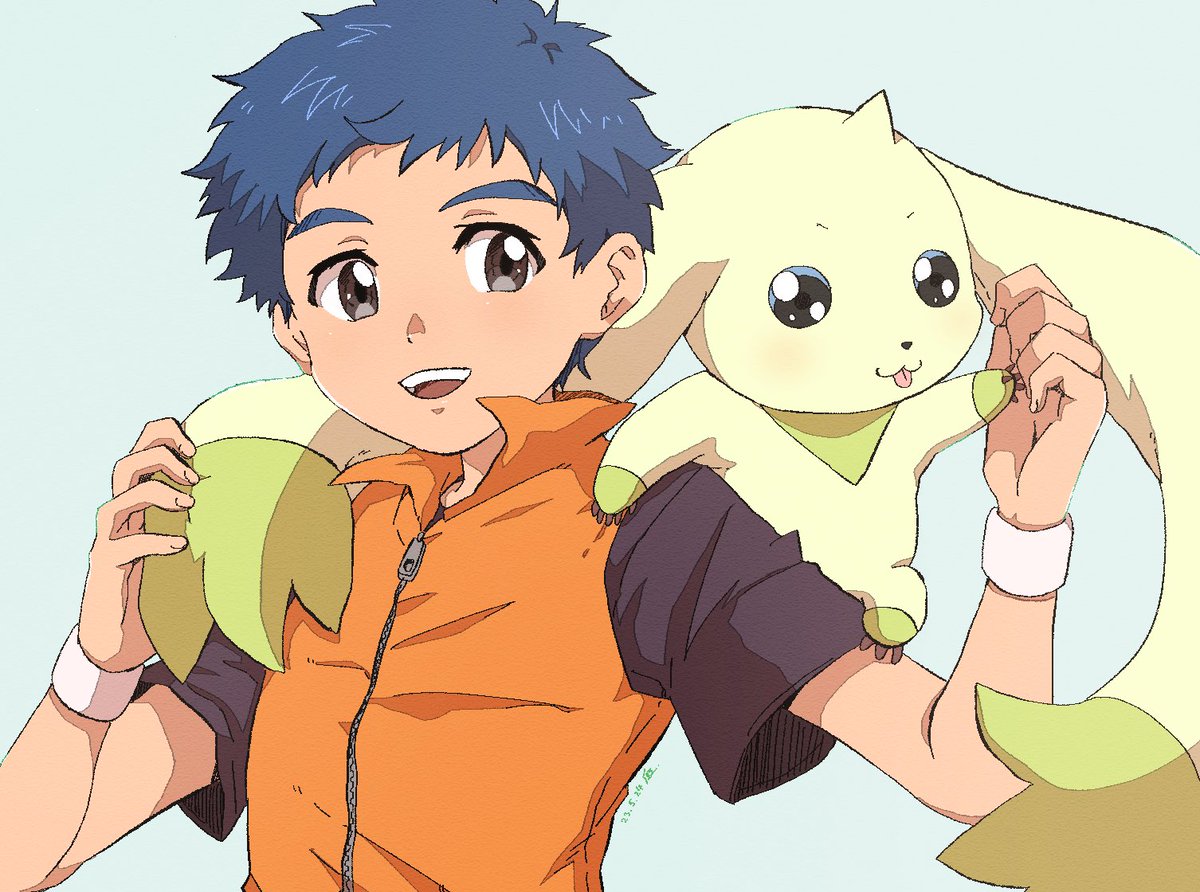 再掲。
健良とテリアモン。
このテリアモンなんか黄緑だね？
#デジモン 
#Digimon