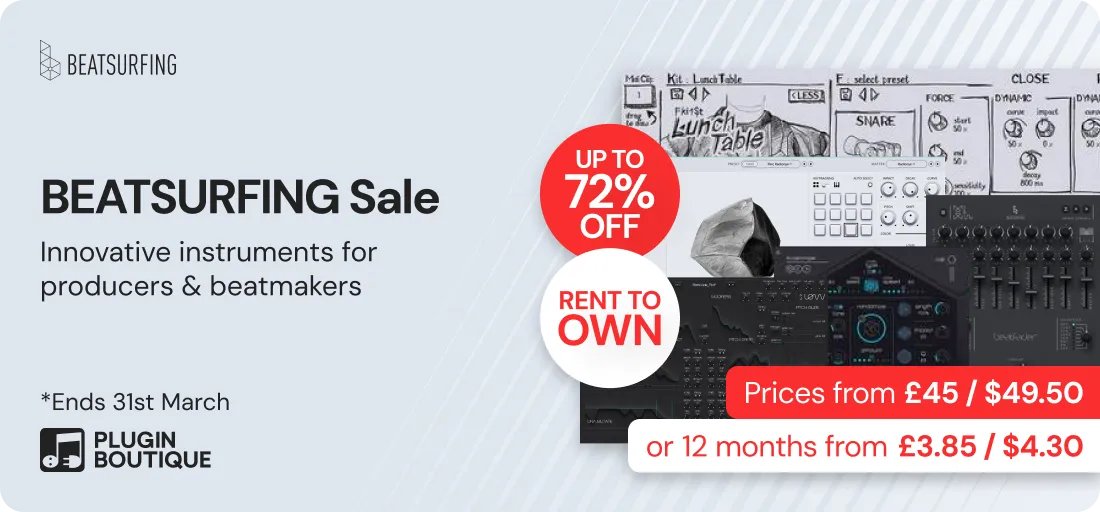 【BEATSURFING Sale】
세일 기간: 3월 31일까지
할인율: 최대 75% 할인
🌊 BEATSURFING: 유희성과 혁신성이 만들어내는 새로운 감각의 사운드.
BEATSURFING은 음악 프로듀서와 비트메이커를 위해 설계된 혁신적이고 독특하며 직관적으로 즐길 수 있는 플러그인을 선보입니다. 제작 플로우에 새로운