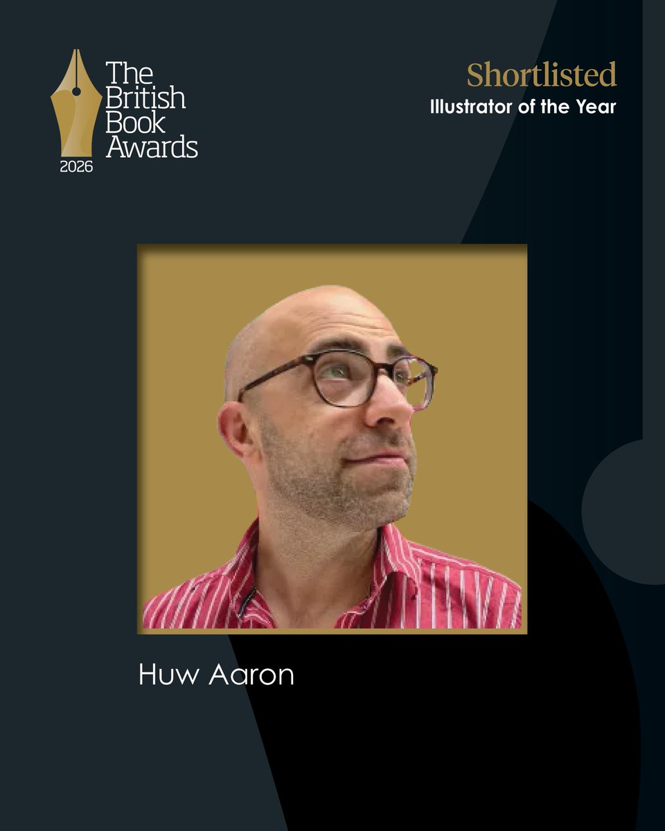 Headshot of author-illustrator Huw Aaron on a dark blue and black background. The British Book Awards 2026 logo is in the upper left while in the upper right it reads: "Shortlisted: Illustrator of the Year".