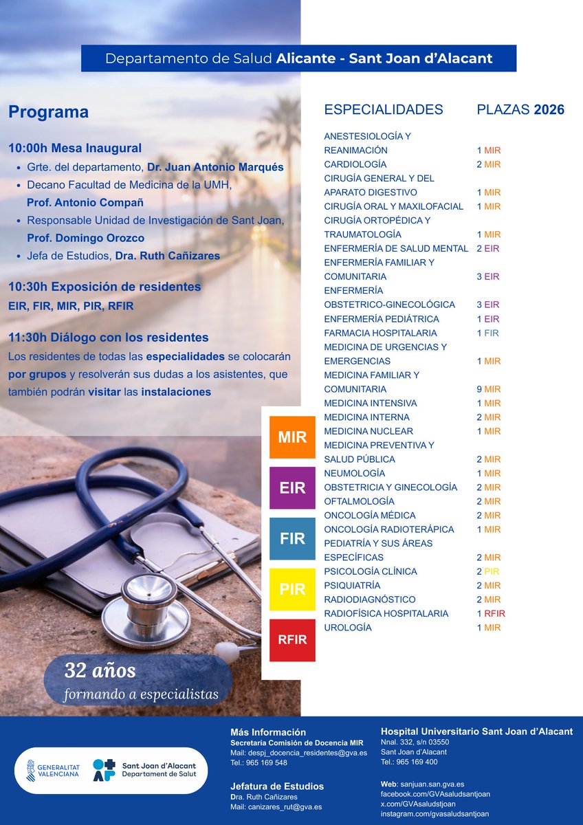 GVAsaludstjoan's tweet image. 🔵 Jornada de Puertas Abiertas a Residentes 2026

📅 27 marzo
⏰ 10:00 h
📍 Hospital Universitario Sant Joan d’Alacant

Si estás pensando en realizar tu residencia #MIR, #EIR, #FIR, #PIR o #RFIR, ven a conocer nuestra oferta formativa. 🏥👩‍⚕️

💙 ¡Te esperamos!

#Residencia2026
