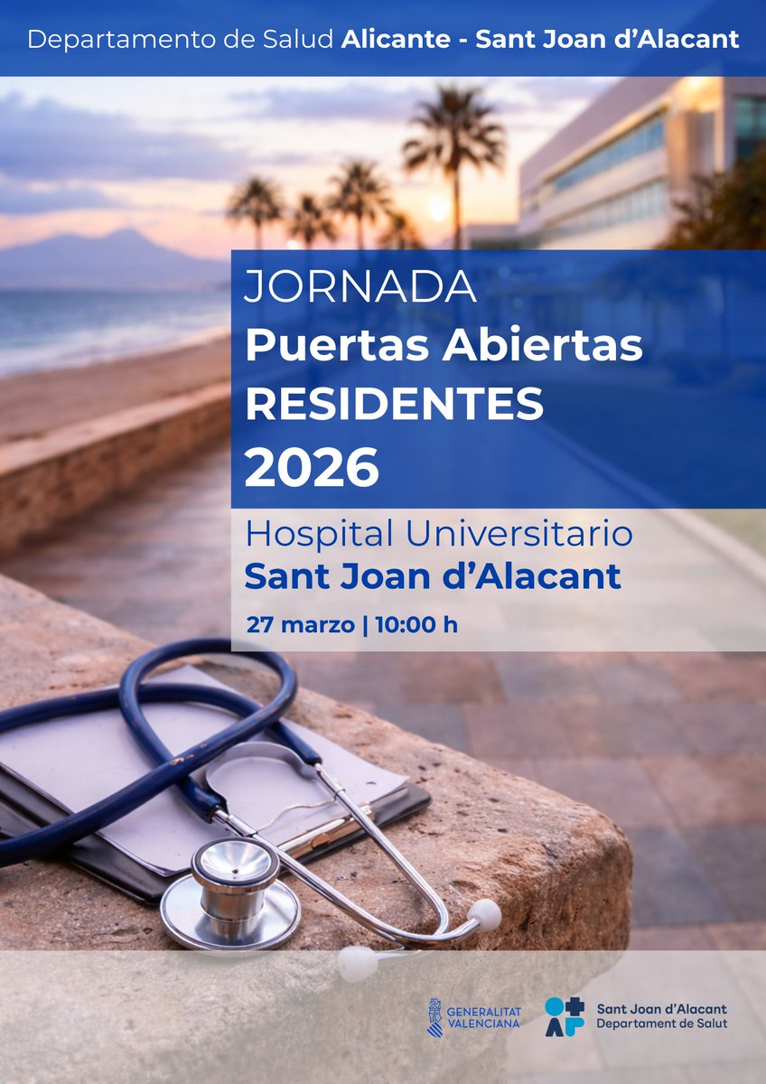GVAsaludstjoan's tweet image. 🔵 Jornada de Puertas Abiertas a Residentes 2026

📅 27 marzo
⏰ 10:00 h
📍 Hospital Universitario Sant Joan d’Alacant

Si estás pensando en realizar tu residencia #MIR, #EIR, #FIR, #PIR o #RFIR, ven a conocer nuestra oferta formativa. 🏥👩‍⚕️

💙 ¡Te esperamos!

#Residencia2026