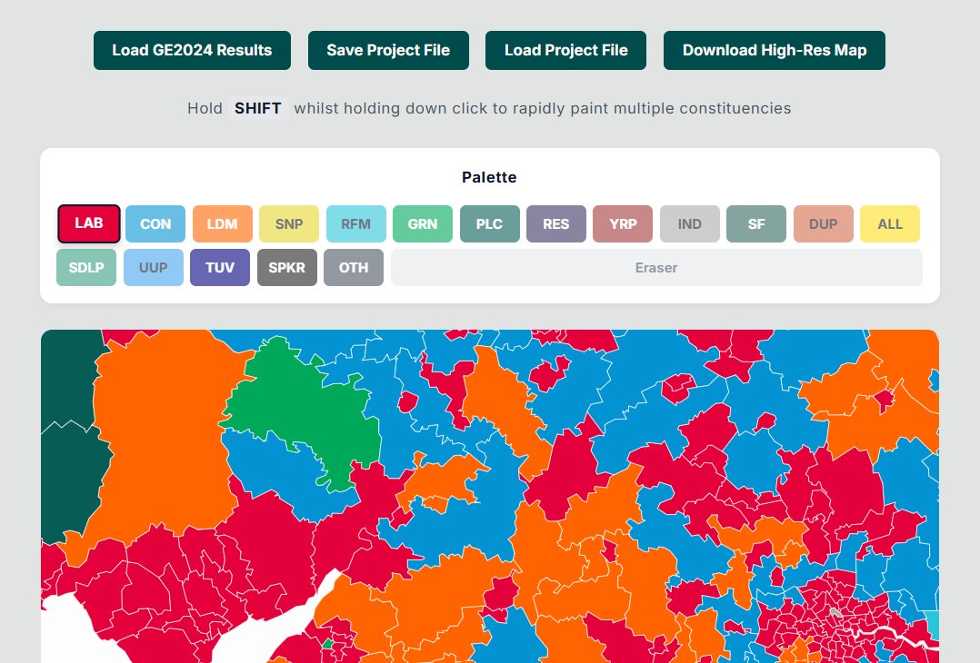🚨 | New Website Feature: Paint 650!

🎨 Paint your own UK Election Maps!
🧮 Dynamic Seat Counter
💾 Save and Load your own Projects
🖼️ Download your maps as an image

electionmaps.uk/paint650