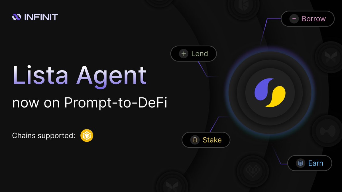 Earning yield on BNB Chain just got simplified to a text prompt.

INFINIT's Prompt-to-DeFi now supports the Lista Agent.

This means you can now add <a href="/lista_dao/">Lista DAO</a> directly as a part of your DeFi strategies by simply typing plain language.

No manual steps. No switching interfaces.