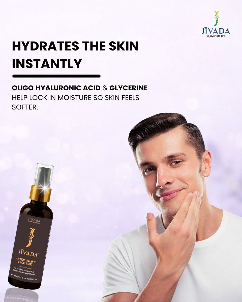 jivada_in's tweet photo. A refreshing finish to every shave.

Jivada After-Shave Face Mist with lavender, oligo hyaluronic acid &amp; glycerine helps calm razor-stressed skin while locking in moisture for a refreshed feel.

#Jivada #MensSkincare #AfterShave #NaturalSkincare #LavenderCare https://t.co/7wKHVoEkf0