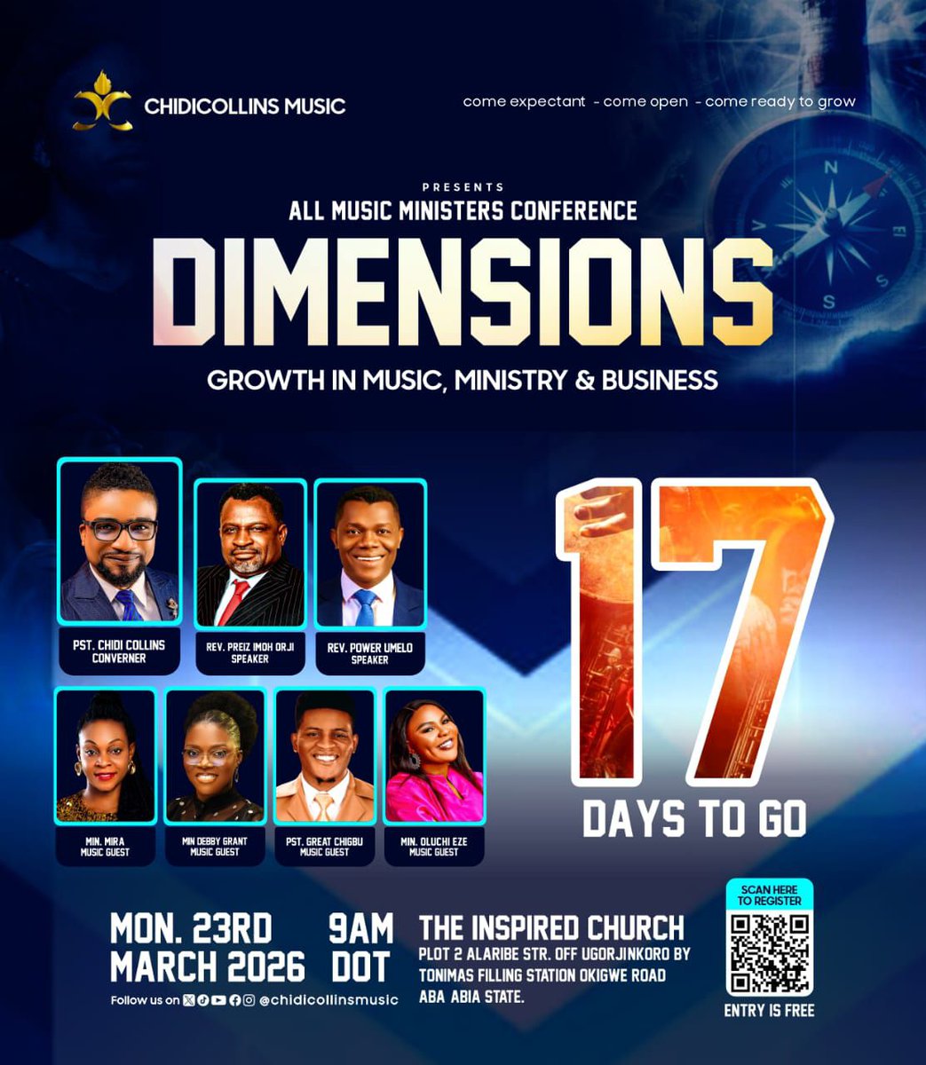 MinChidiCollins's tweet photo. ```The excitement is real — only 17 days left until DIMENSIONS MUSIC CONFERENCE 2026 lights up the entire city !!

This is your chance to connect, learn, and be inspired by top gospel ministers, instrumentalists, producers, and music enthusiasts. https://t.co/Xlq2Qv0AgT